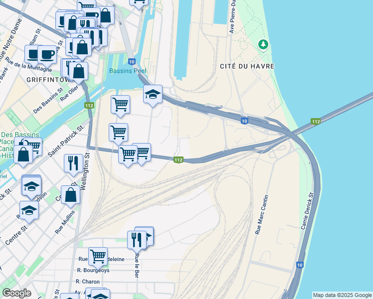 map of restaurants, bars, coffee shops, grocery stores, and more near 225 Rue Bridge in Montréal