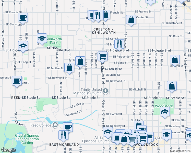 map of restaurants, bars, coffee shops, grocery stores, and more near 3747 Southeast Liebe Street in Portland