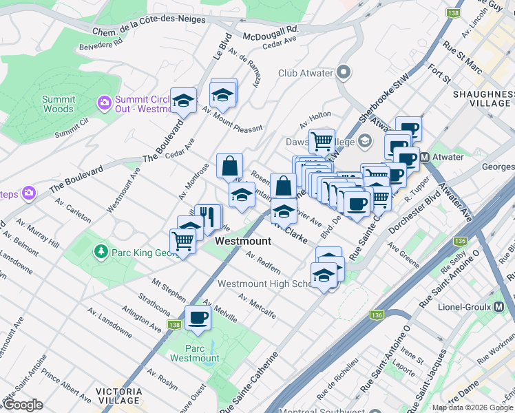 map of restaurants, bars, coffee shops, grocery stores, and more near 405 Avenue Clarke in Westmount