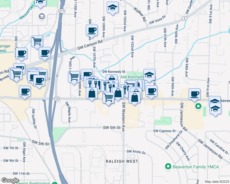 map of restaurants, bars, coffee shops, grocery stores, and more near 10470 Southwest Laurel Road in Beaverton