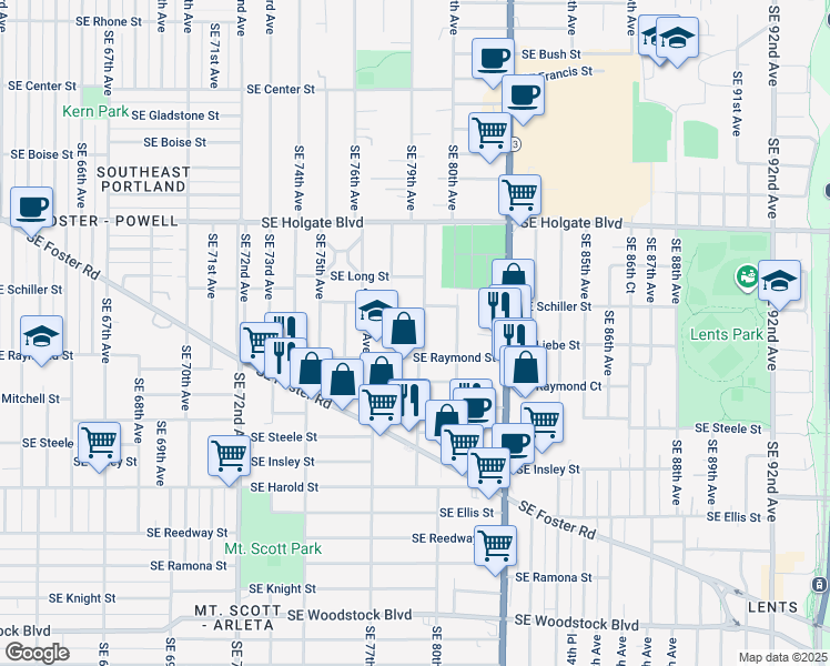 map of restaurants, bars, coffee shops, grocery stores, and more near 7733 Southeast Raymond Street in Portland
