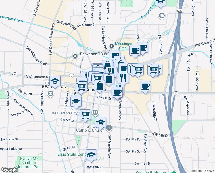 map of restaurants, bars, coffee shops, grocery stores, and more near 12130 Southwest Broadway Street in Beaverton