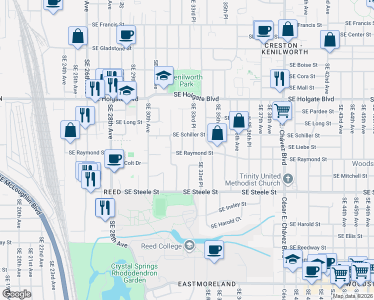 map of restaurants, bars, coffee shops, grocery stores, and more near 4938 Southeast 33rd Avenue in Portland