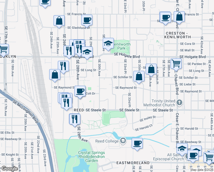 map of restaurants, bars, coffee shops, grocery stores, and more near 3106 Southeast Tindall Circle in Portland