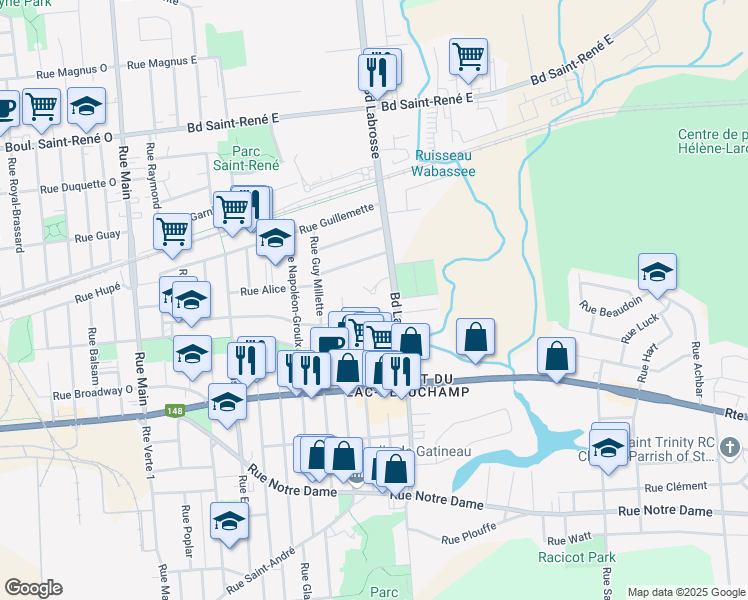 map of restaurants, bars, coffee shops, grocery stores, and more near 265 Boulevard Labrosse in Gatineau