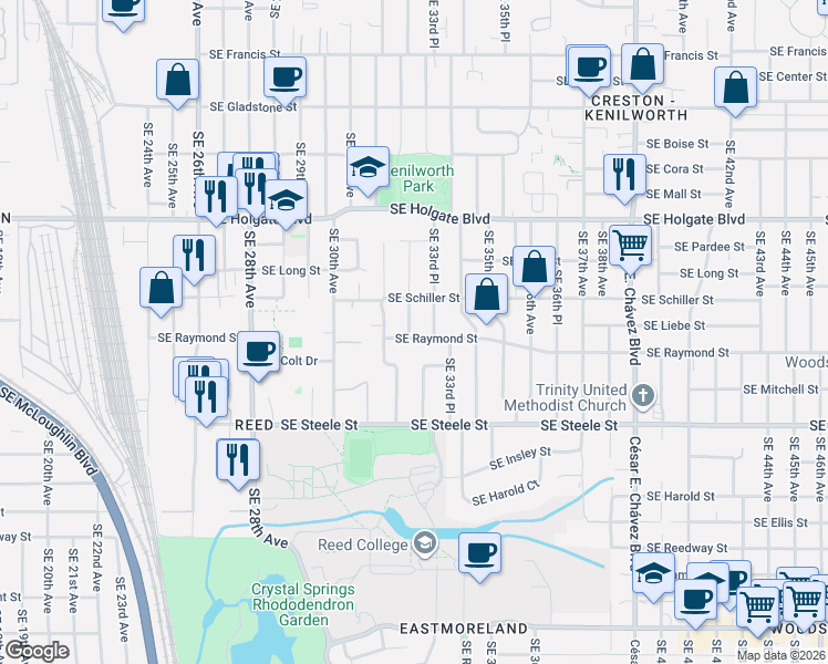 map of restaurants, bars, coffee shops, grocery stores, and more near 4938 Southeast 33rd Avenue in Portland