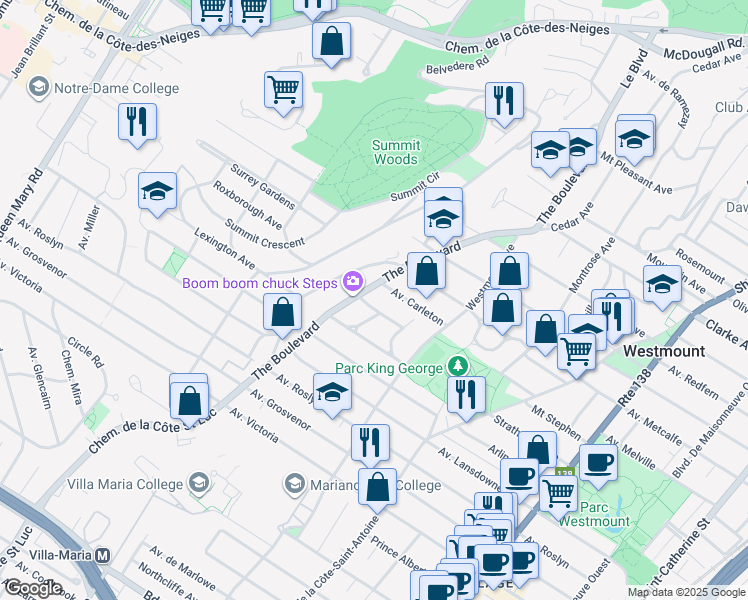 map of restaurants, bars, coffee shops, grocery stores, and more near 33 Avenue Renfrew in Westmount