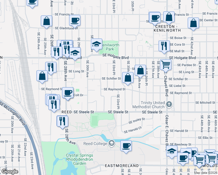 map of restaurants, bars, coffee shops, grocery stores, and more near 4938 Southeast 33rd Avenue in Portland