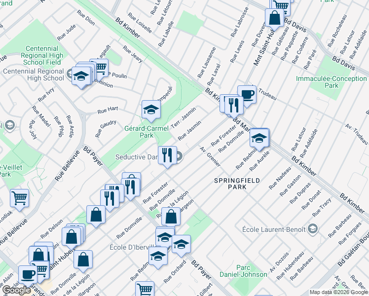 map of restaurants, bars, coffee shops, grocery stores, and more near 4400 Montée Saint-Hubert in Longueuil