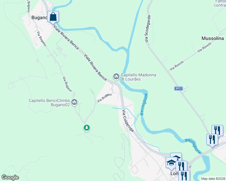 map of restaurants, bars, coffee shops, grocery stores, and more near 106 Via Bugano in Longare