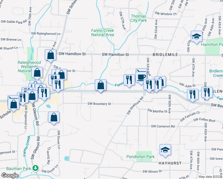 map of restaurants, bars, coffee shops, grocery stores, and more near 5803 Southwest Beaverton Hillsdale Highway in Portland
