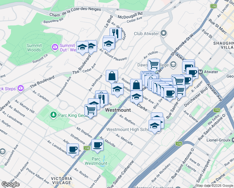map of restaurants, bars, coffee shops, grocery stores, and more near 420 Avenue Clarke in Westmount
