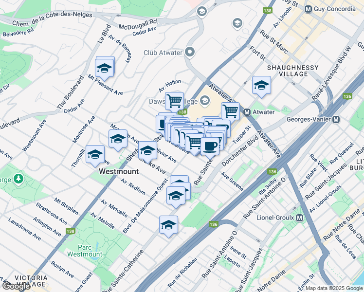 map of restaurants, bars, coffee shops, grocery stores, and more near 1303 Greene Avenue in Westmount