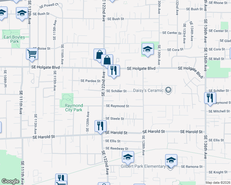 map of restaurants, bars, coffee shops, grocery stores, and more near 12334 Southeast Schiller Street in Portland
