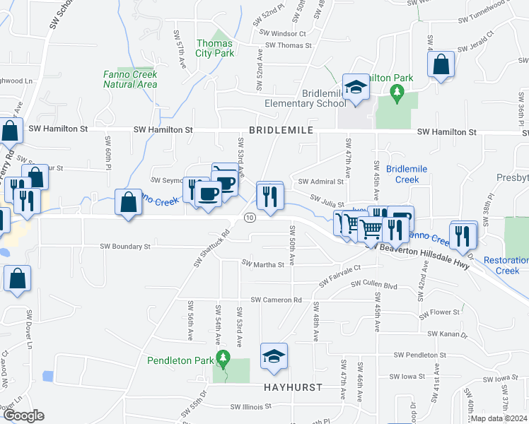 map of restaurants, bars, coffee shops, grocery stores, and more near 5123 Southwest Beaverton Hillsdale Highway in Portland