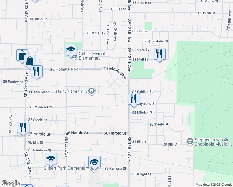 map of restaurants, bars, coffee shops, grocery stores, and more near 4745 Southeast 133rd Drive in Portland