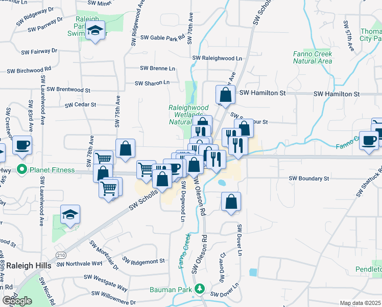 map of restaurants, bars, coffee shops, grocery stores, and more near 4541 Southwest Scholls Ferry Road in Portland
