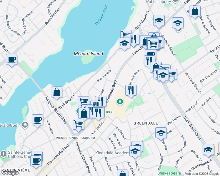 map of restaurants, bars, coffee shops, grocery stores, and more near 14625 Pierrefonds Boulevard in Montreal