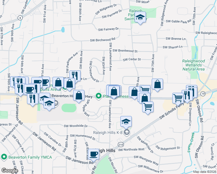 map of restaurants, bars, coffee shops, grocery stores, and more near 4535 Southwest Laurelwood Avenue in Portland
