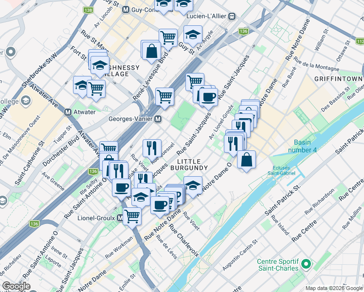 map of restaurants, bars, coffee shops, grocery stores, and more near 705 Boul Georges-Vanier in Montréal