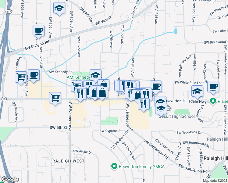 map of restaurants, bars, coffee shops, grocery stores, and more near 4535 SW 96th Ave in Beaverton