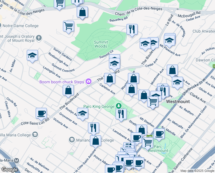 map of restaurants, bars, coffee shops, grocery stores, and more near 625 Avenue Carleton in Westmount