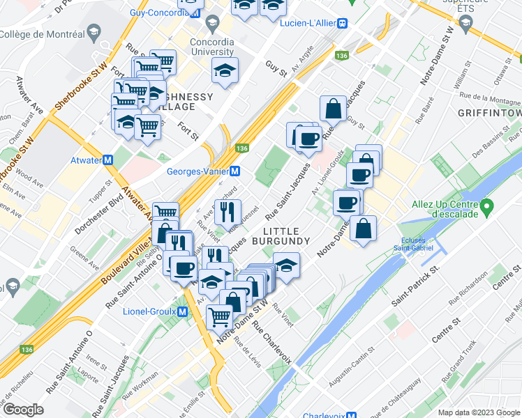 map of restaurants, bars, coffee shops, grocery stores, and more near 2206 Rue Quesnel in Montréal