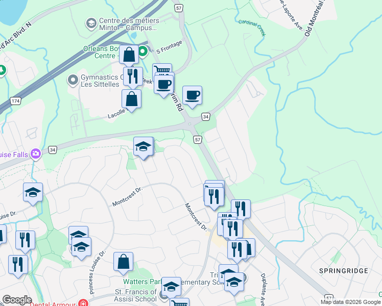 map of restaurants, bars, coffee shops, grocery stores, and more near 1385 Talcy Crescent in Ottawa