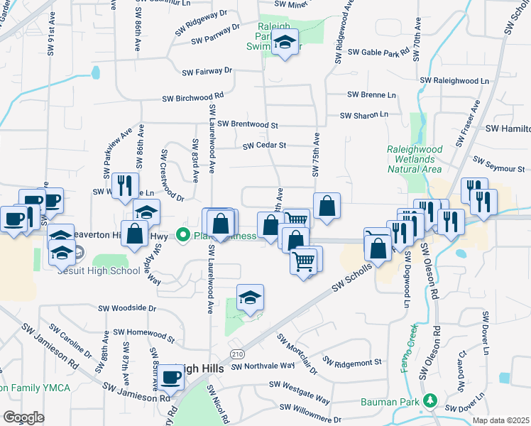 map of restaurants, bars, coffee shops, grocery stores, and more near 7870 Southwest Broadmoor Terrace in Portland