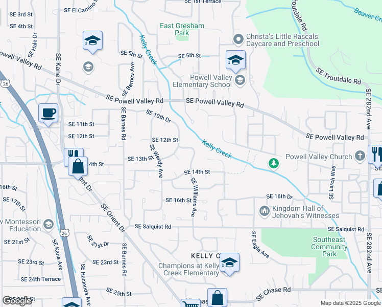 map of restaurants, bars, coffee shops, grocery stores, and more near 4356 Southeast 12th Street in Gresham