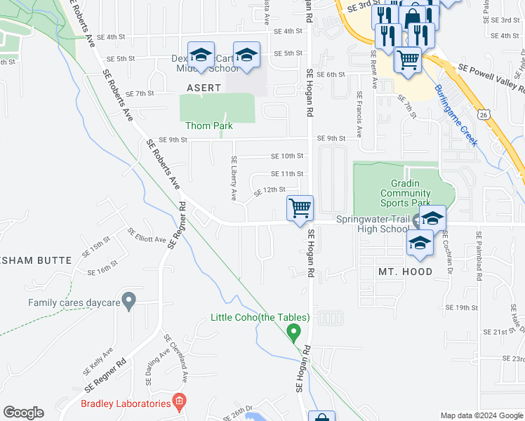 map of restaurants, bars, coffee shops, grocery stores, and more near 1519 Southeast Roberts Drive in Gresham