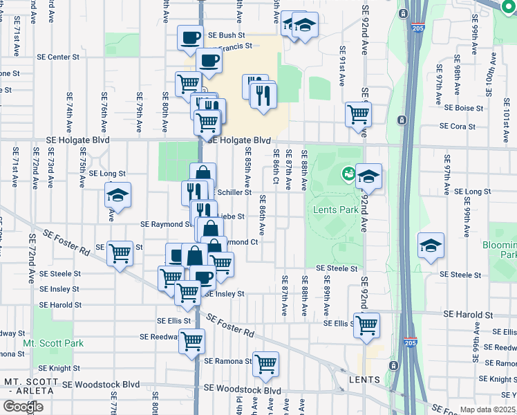 map of restaurants, bars, coffee shops, grocery stores, and more near 4830 Southeast 85th Avenue in Portland