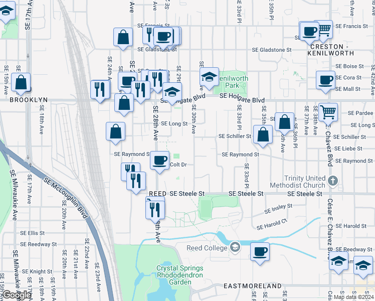 map of restaurants, bars, coffee shops, grocery stores, and more near 4841-5015 Southeast 30th Avenue in Portland