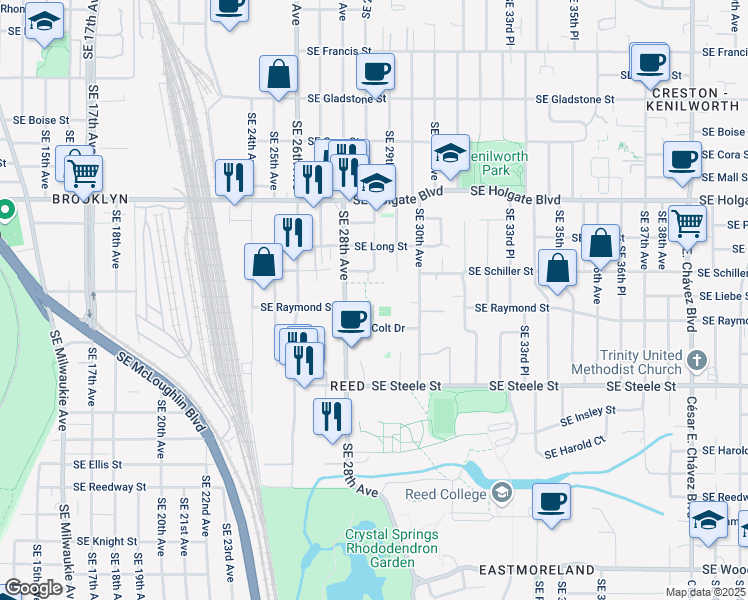 map of restaurants, bars, coffee shops, grocery stores, and more near 4922 Southeast 28th Avenue in Portland