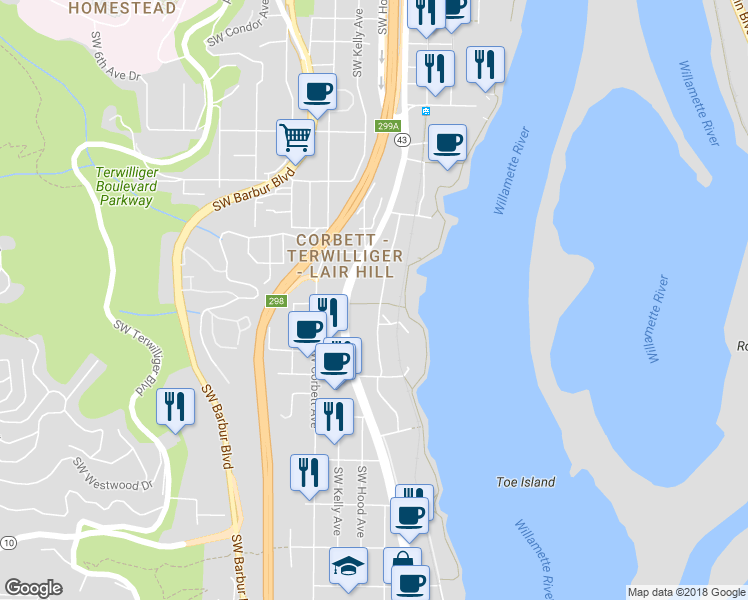 map of restaurants, bars, coffee shops, grocery stores, and more near 4980 South Landing Drive in Portland