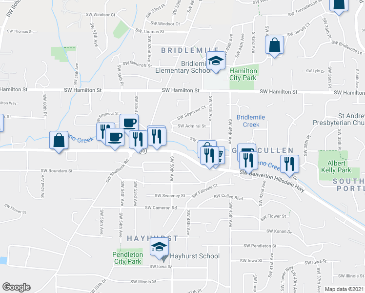 map of restaurants, bars, coffee shops, grocery stores, and more near 4802 Southwest Julia Street in Portland