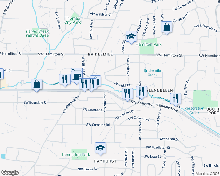 map of restaurants, bars, coffee shops, grocery stores, and more near 4802 Southwest Julia Street in Portland