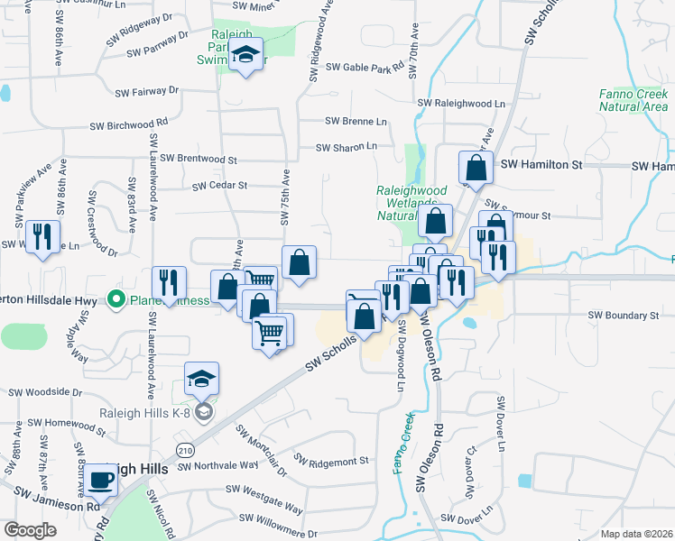 map of restaurants, bars, coffee shops, grocery stores, and more near 7320 Southwest Newton Place in Portland