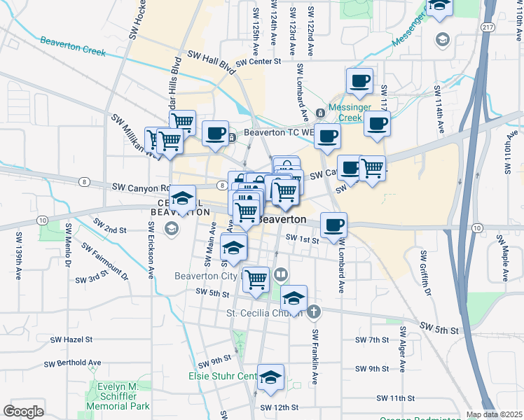 map of restaurants, bars, coffee shops, grocery stores, and more near 12505 Southwest Broadway Street in Beaverton