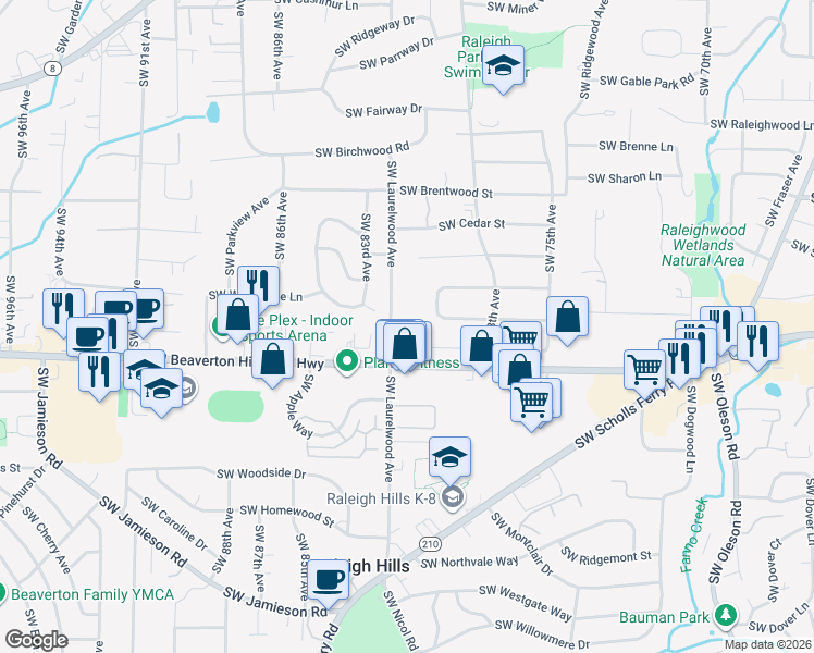 map of restaurants, bars, coffee shops, grocery stores, and more near 4520 Southwest Laurelwood Avenue in Portland