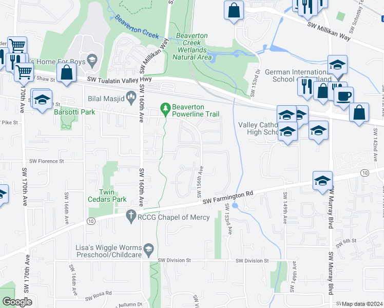 map of restaurants, bars, coffee shops, grocery stores, and more near 4570 Southwest Mueller Drive in Beaverton