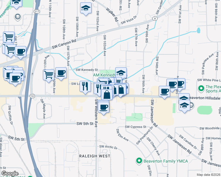map of restaurants, bars, coffee shops, grocery stores, and more near 4480 Southwest 101st Avenue in Beaverton