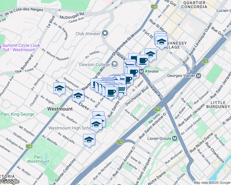 map of restaurants, bars, coffee shops, grocery stores, and more near 3 Westmount Square in Westmount