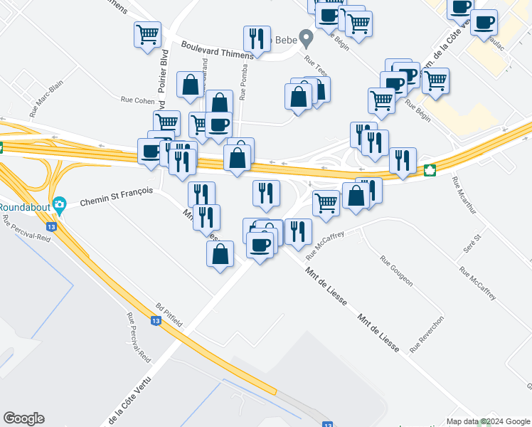 map of restaurants, bars, coffee shops, grocery stores, and more near 4625 Boulevard de la Côte Vertu in Montréal