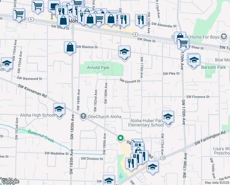 map of restaurants, bars, coffee shops, grocery stores, and more near 4455 Southwest 179th Avenue in Aloha