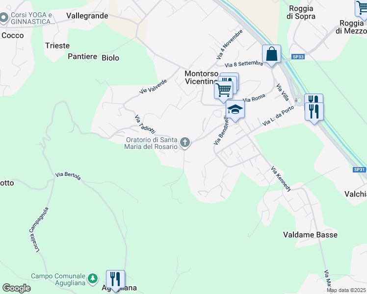 map of restaurants, bars, coffee shops, grocery stores, and more near 54 Via Tovi in Montorso Vicentino