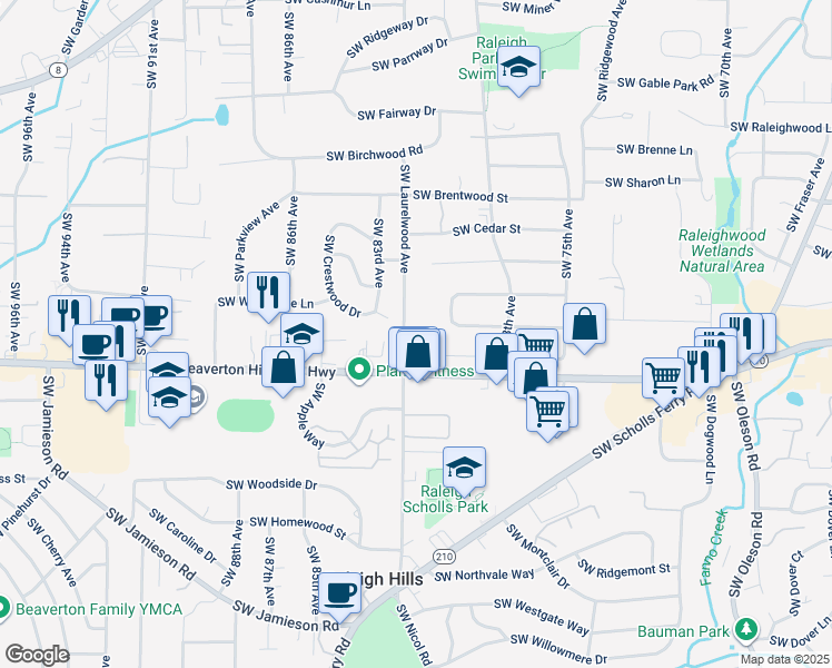map of restaurants, bars, coffee shops, grocery stores, and more near 4520 Southwest Laurelwood Avenue in Portland