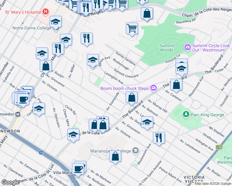 map of restaurants, bars, coffee shops, grocery stores, and more near 89 Avenue Sunnyside in Westmount
