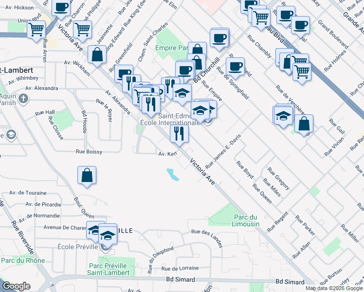 map of restaurants, bars, coffee shops, grocery stores, and more near 1530 Avenue Victoria in Longueuil