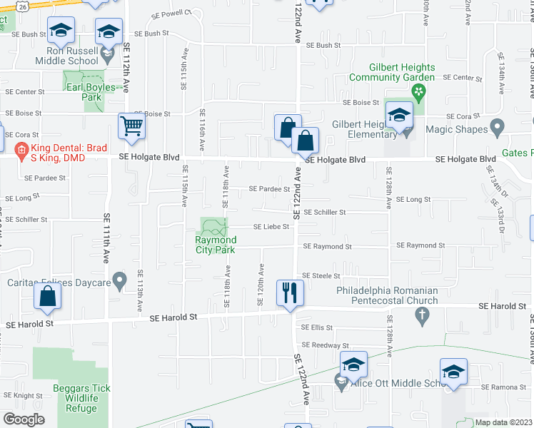 map of restaurants, bars, coffee shops, grocery stores, and more near 12014 Southeast Schiller Street in Portland